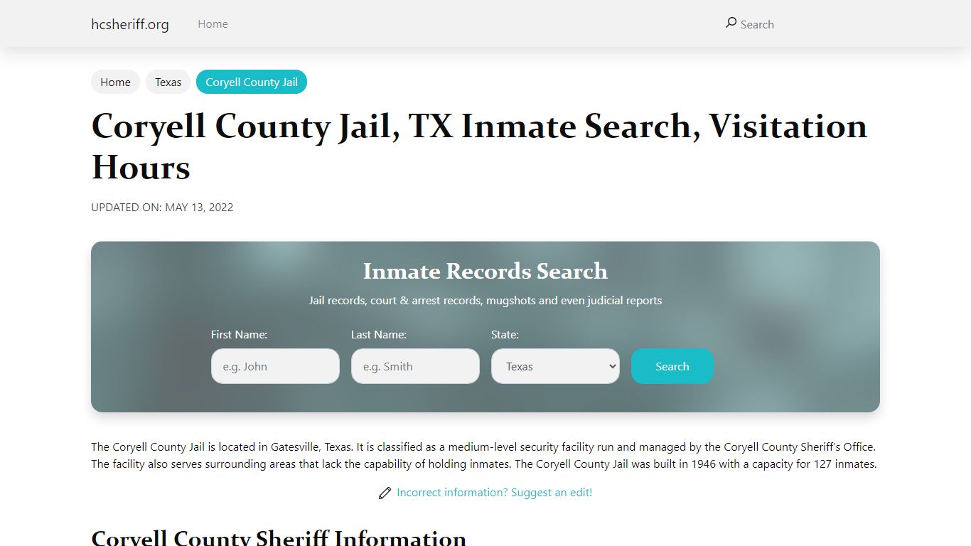 Coryell County Jail, TX Inmate Search, Visitation Hours